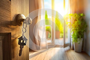 Key with house keyring hanging on wooden door