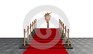 Key house, new home,  Stair and Gold Rope Barrier Concept, Red Event Carpet, 3D Rendering.