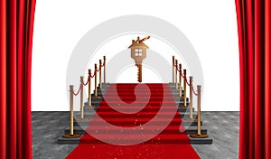 Key house, new home,  Stair and Gold Rope Barrier Concept, Red Event Carpet, 3D Rendering.