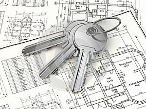 Key on house plan blueprint. 3d