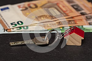 Key with house shaped key chain with euro banknotes