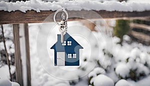 Key with house shaped keychain. Modern country private house with winter snowy