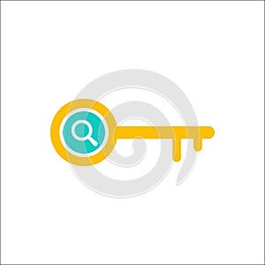 Key icon, Access, lock, locked, security icon with research sign. Key icon and explore, find, inspect symbol