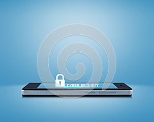Key icon and cyber security text on modern smart phone screen over light blue background, Cyber security concept