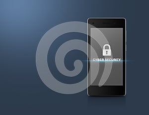 Key icon and cyber security text on modern smartphone screen over light blue background, Cyber security concept