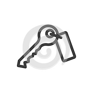 A key icon with a tag. A simple linear image of a key with notches. Isolated linear vector on a white background.