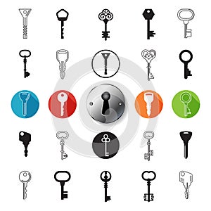 Key Icons Set. Car keys. House keys. Modern and Old keys.