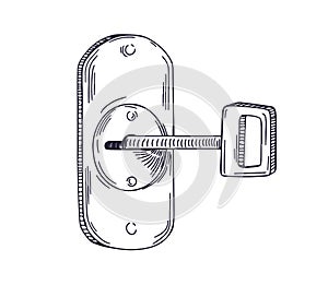 Key inside keyhole, lock, unlocking and opening house door. Outlined etched engraved drawing in retro style. Contoured