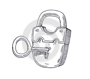 Key inside padlocks keyhole, locking and unlocking. Outlined etched drawing in retro vintage style. Contoured detailed