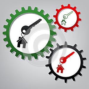 Key with key chain as an house sign. Vector. Three connected gears with icons at grayish background.. Illustration.