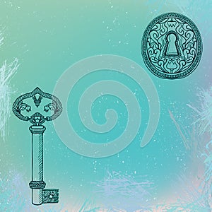 Key and keyhole, grunge vector background