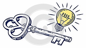 Key and Light Bulb, Solution and Idea Generation, vector design Generative AI