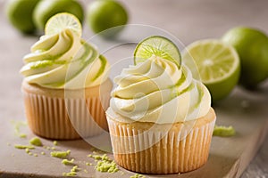 Key lime cupcakes with coconut frosting, generative AI