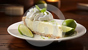 Key lime pie on rustic wooden background with fresh lime slices and whipped cream topping