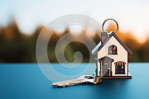 A key linked to a tiny house shaped keychain, signifying home sweet home