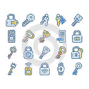 Key and lock doodle concept icon set