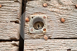 Key lock door antique ruggiane wood iron detail close up old vexed Italy Italian