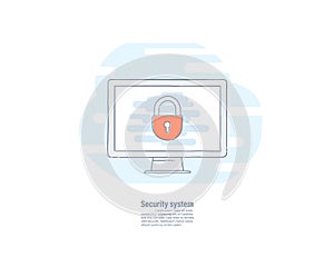 Key lock icon on computer screen. Vector illustration hand drawn line flat design. protect computer. concept of security network.