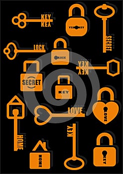 Key and Lock. Secret. Love. Home. Icon set. Vector illustration
