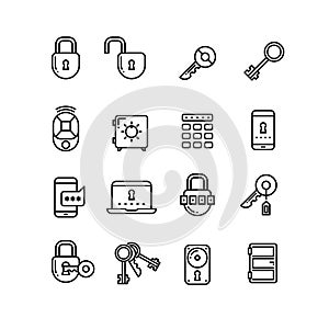 Key, lock, padlock, safe, door, security thin line vector icons