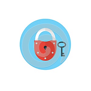 Key and Lock symbol on blue background - round color icon. Security and privacy concept.