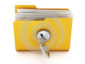 Key on locked yellow folder. 3D illustration