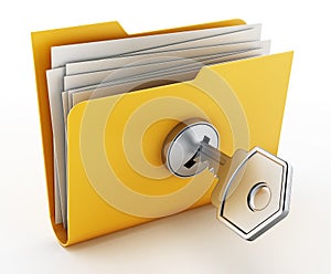 Key on locked yellow folder. 3D illustration