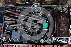 Key makers tools and old locks on store, Pune, Maharashtra