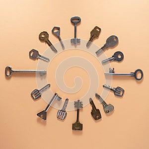 Key pattern. Background from different old keys. view from above.