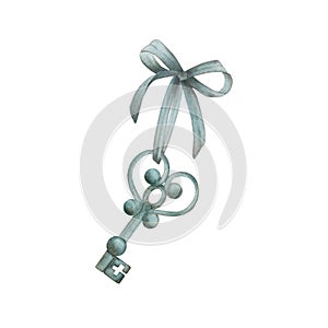 The key is on a ribbon with a blue bow in vintage style. Watercolor illustration, isolate on a white background