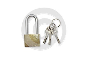 Key ring, key door and lock isolated on white background.