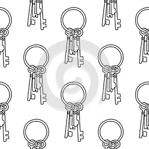 Key ring seamless pattern. Minimalist continuous line antique keys background. Vector illustration for security concept