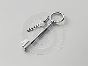 A key ring with a silver key and two keys