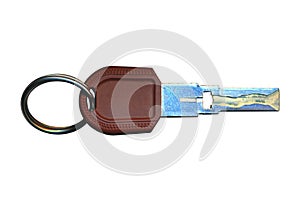 Key on ring toned in blue isolated on white