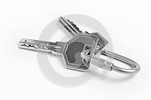Key ring with two keys over white background. Rent