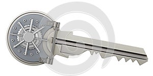Key with safe combination lock. Security and protect, concept. 3D rendering