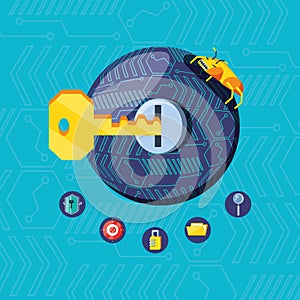 Key with set icons cyber security