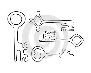 Key set old vintage hand drawn style doodle, outline black silhouette, isolated, white background.