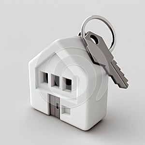 Key in the shape of a house with key ring on a white background