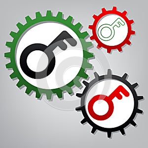 Key sign. Vector. Three connected gears with icons at grayish ba