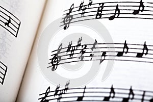 Key signature symbol and violin clef. Musical notation macro, closeup. Single line sheet music detail example