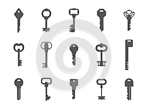 Key silhouettes. Antique and modern graphic template for logo design. House safety concept. Gray latchkey signs set