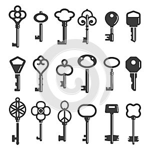 Key silhouettes modern and vintage ornamental icons set. Tools opening, closing locks.