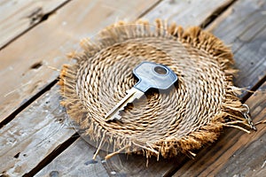 key on small, round, natural fiber doormat