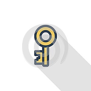 Key thin line flat color icon. Linear vector symbol. Colorful long shadow design.