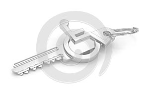 The key to accessibility. Metalic key and accessibility sign over a white background. 3D rendering and image concept. Part of a