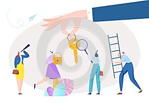 Key to business success concept, vector illustration, flat man woman people character wanna get solution for creativity