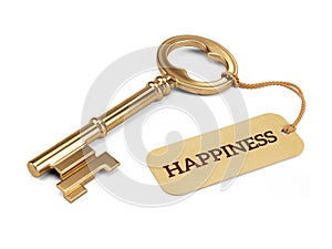 Key to Happiness concept - Golden key with happiness tag isolated on white
