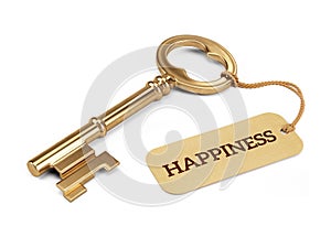 Key to Happiness concept - Golden key with happiness tag isolated on white photo