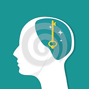 The key to the human head. The brain thinks to solve the puzzle. Vector illustration